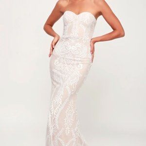 Lulu's You Belong With Me White and Nude Lace Strapless Wedding Dress